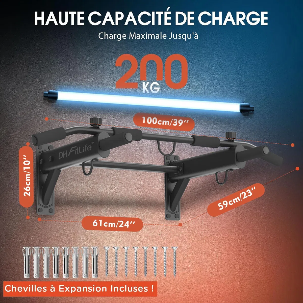 DH FitLife Barre de Traction 4 en 1 pour Montage Mural, Charge jusqu'à 200kg | Chevilles d'Expansion | Poignées Antidérapantes | Compatible avec Sac de Frappe & Entraîneur de Sangles