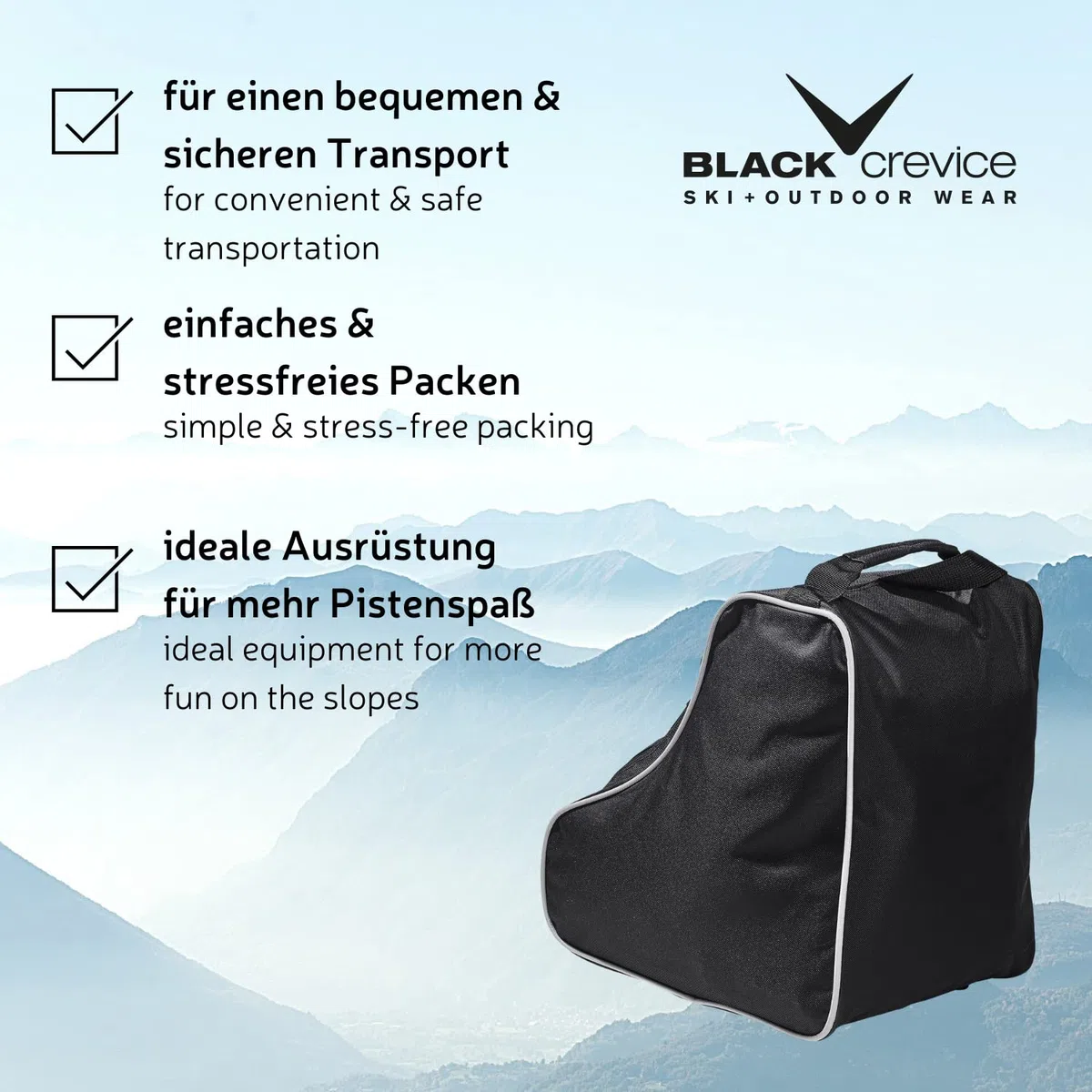 Black Crevice Sac pour Chaussures de Ski de Fond & Accessoires I avec Grande Ouverture & Fermeture éclair I Oeillets d'aération au Fond I 100% Polyester I Dimensions : 40x36x26cm