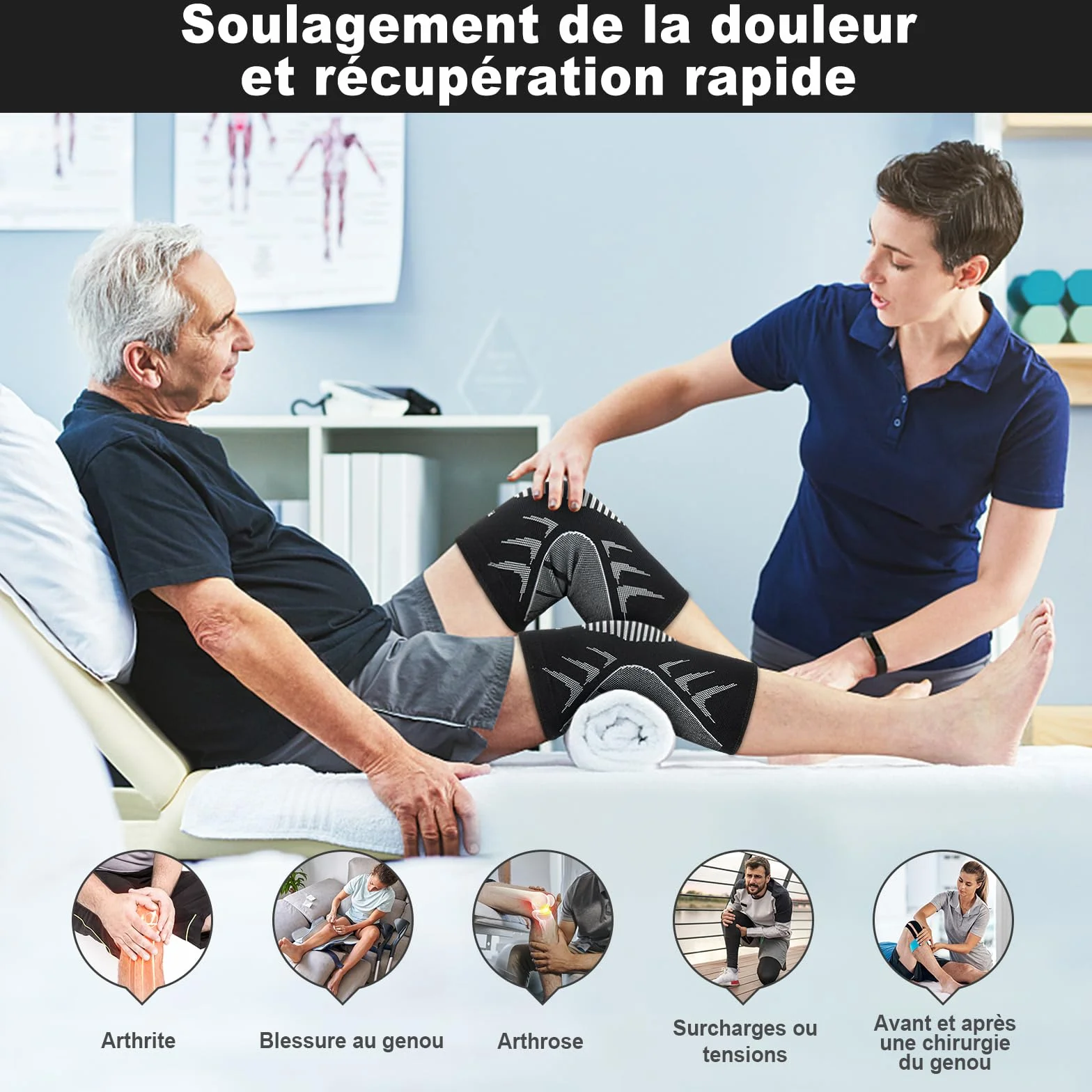 Genouillère Sport, 2 Pièces Genouillère Élastique Respirant, Genouillère de Compression Sports, Genouillère Rotulienne et Ligamentaire, Genouillere Arthrose Genou pour Volley-Ball, Course- M: 35-41CM