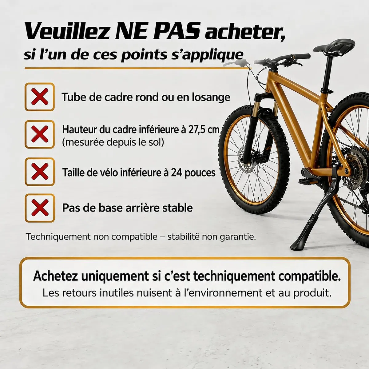 Béquille de vélo professionnelle extra stable 24-29 pouces 45 kg + | Béquille de vélo pour VTT / vélo électrique / vélo de ville | Support de vélo avec construction antidérapante et robuste