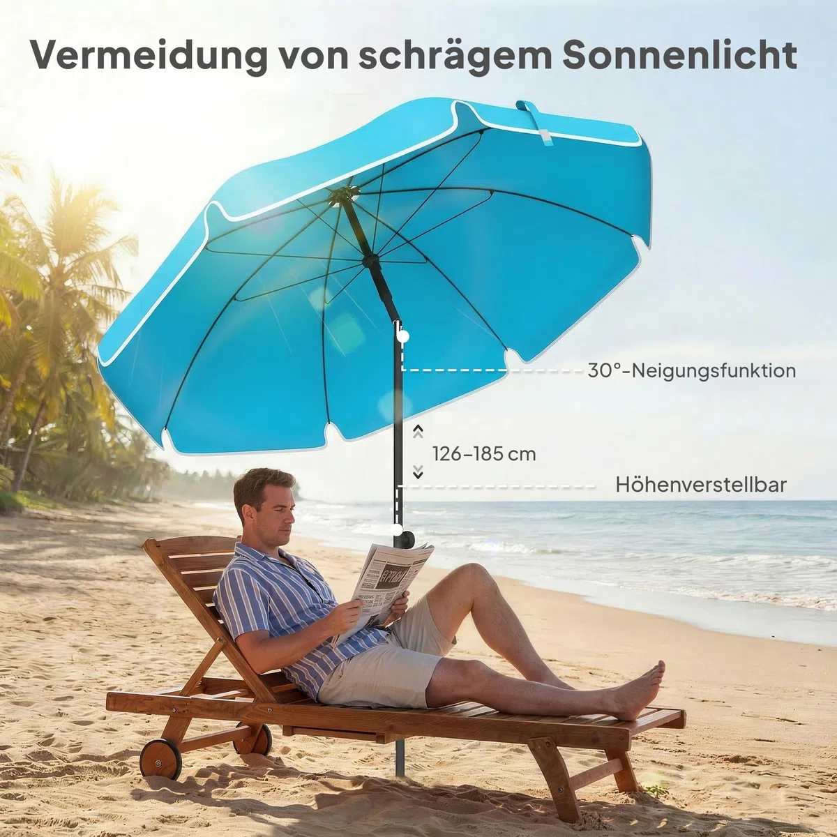 Outsunny Sonnenschirm Strand Ø150 cm Strandschirm mit Sonnenschutz wasserabweisend Balkon-Schirm mit Sandanker verstellbarer Neigung Tragetasche faltbar Gartenschirm für Reisen Strand Camping