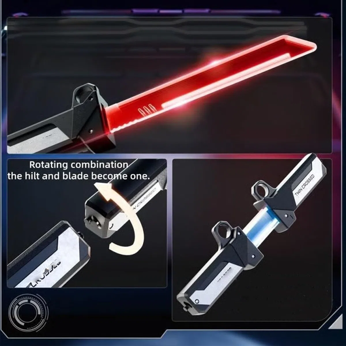Sabre laser rétractable enfichable, sabre lumineux LED 2 en 1 avec capteur de mouvement, épée lumineuse à double lame, épée réversible à poignée rotative du bout des doigts, pour cosplay (1set)
