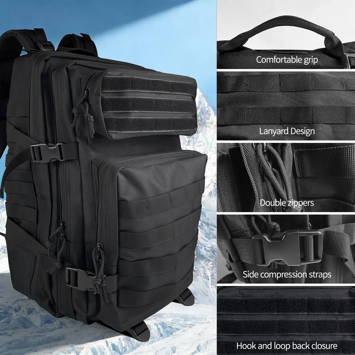 Sac à Dos Militaire de Grand Volume, 45L, Molle Etanche Grand Pack d'assaut, Sac Tactique Homme et Femme, Sac à Dos Résistant, pour Trekking, Randonnée, Pêche, Alpinisme, Noir