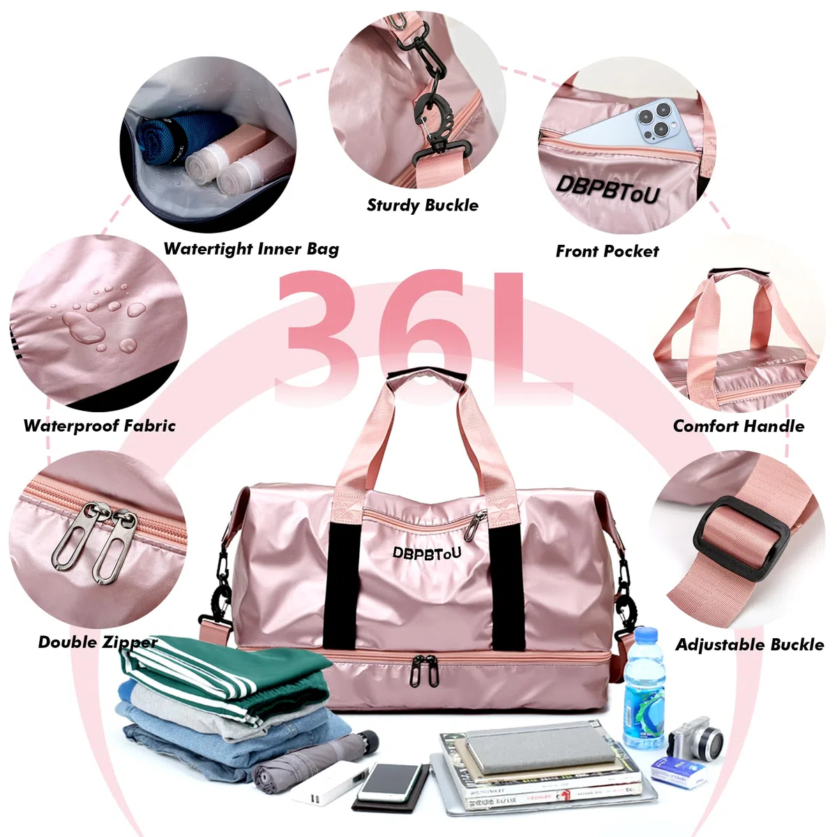 Sac de Sport Femme, Sac de Voyage Femme avec Compartiment à Chaussures et Compartiment Humide, Sac de Voyage avec Sangles pour Tapis de Yoga (Rose)