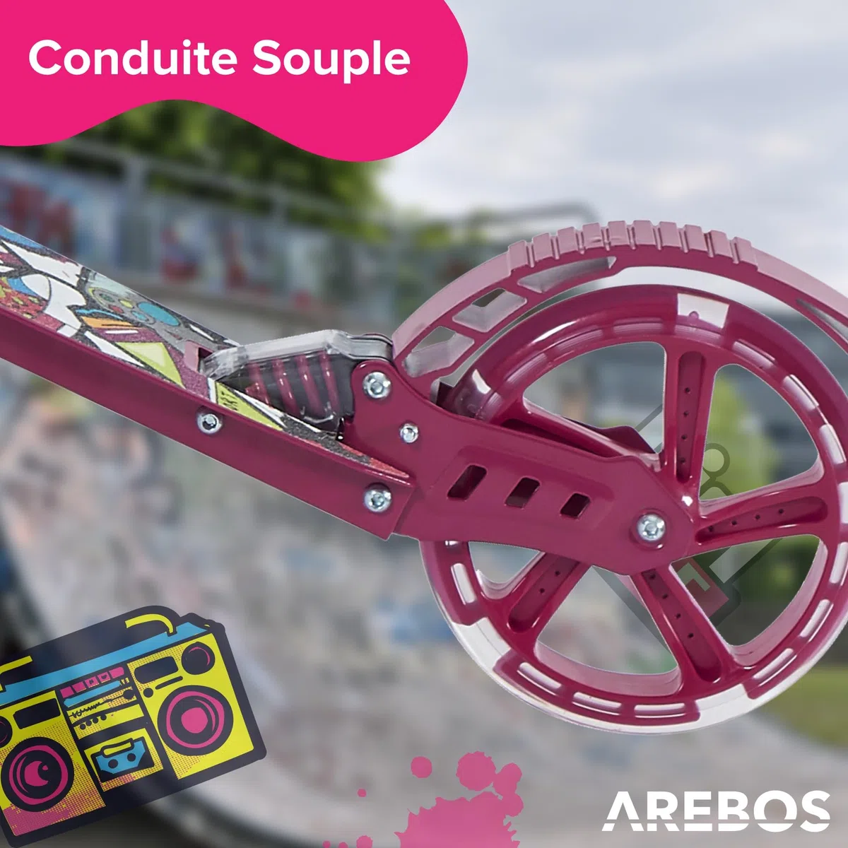 Arebos Trottinette de ville avec LED - Réglable en hauteur - Pliable - Avec Sangle de transport, frein à main et marchepied, pour enfants et adultes, charge maximale : 100 kg, trottinette