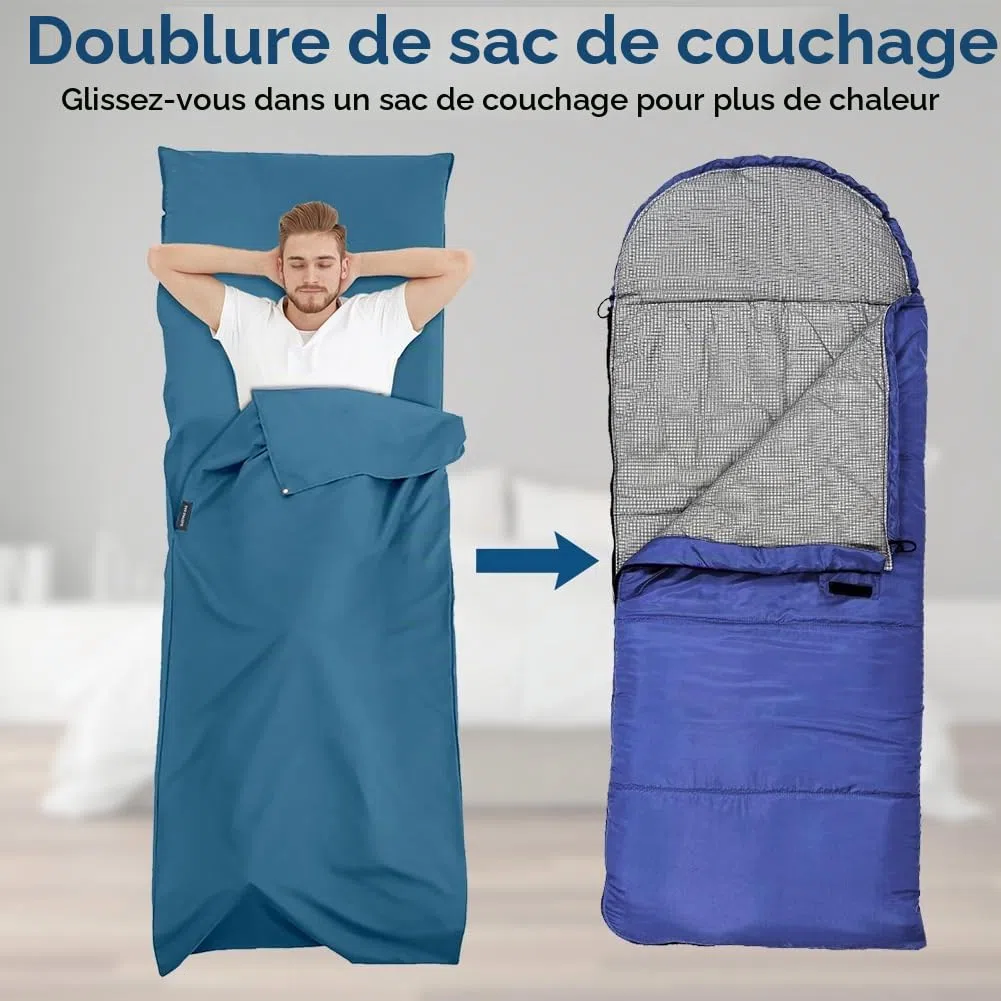 flintronic Drap de Sac de Couchage Léger, Sac de Couchage de Drap avec Compartiment pour Oreiller, Drap de Sac de Couchage Léger et Portable pour Voyage Hôtel Camping
