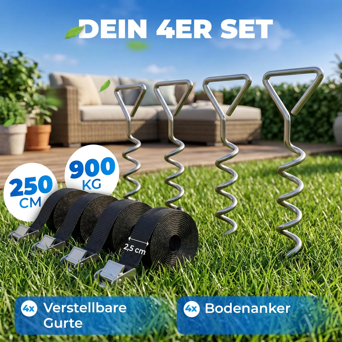Monzana Piquets d'ancrage Spirales Sangles de Serrage Kit ancrage résistance 900kg Acier Inoxydable Fixations pour Trampoline Sécurité Gris
