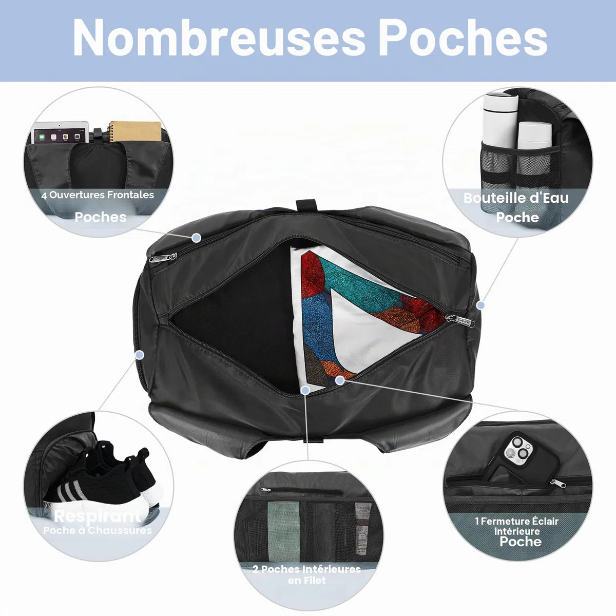 Sac de Sport Yoga Gym Femme Compartiment de Chaussures Indépendant Poche Humide Disponible pour Weekend Voyage Multi Compartiment, Noir