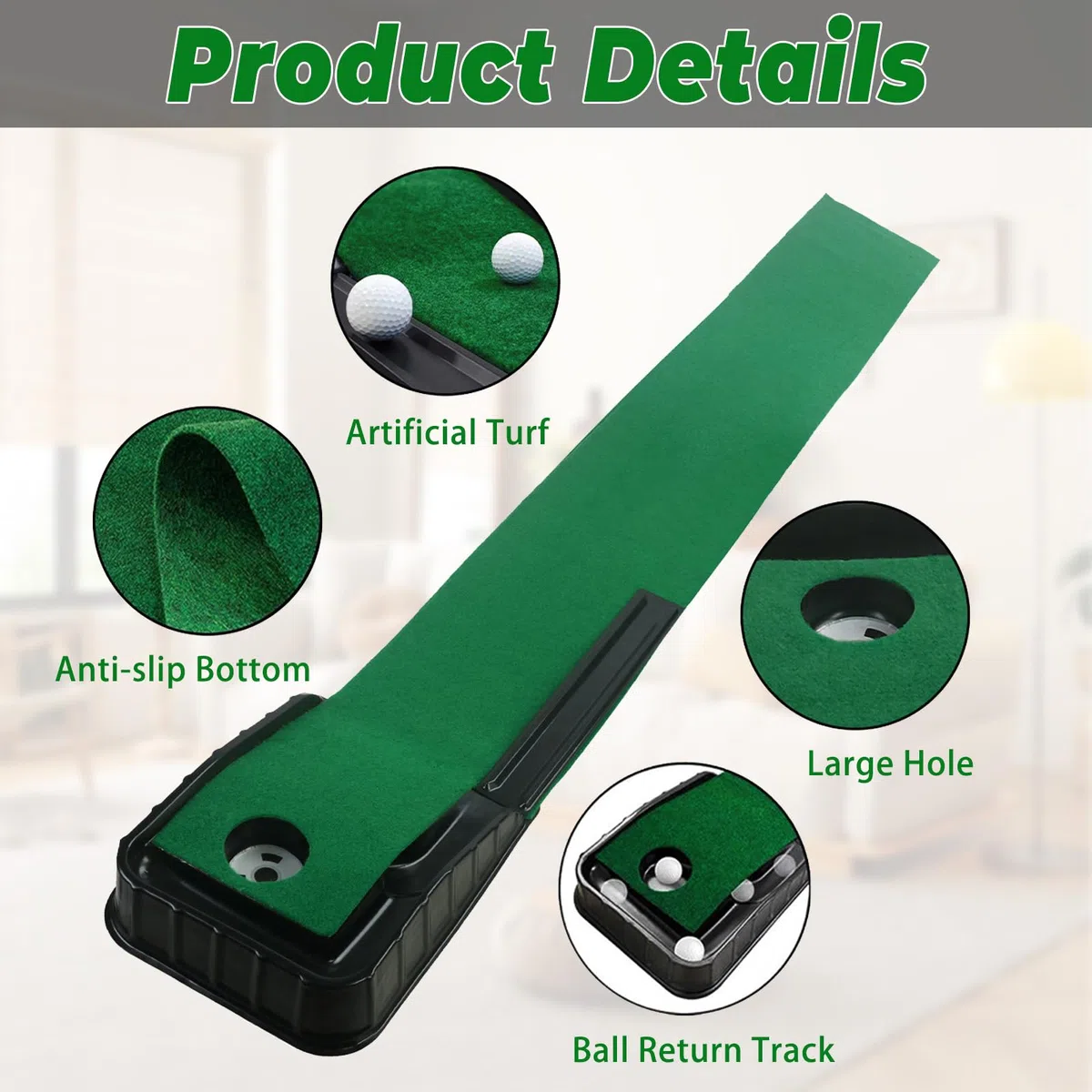 Tapis de golf avec retour automatique de balle, tapis d'entraînement vert de 220 cm avec surface en velours lisse – Aide à l'entraînement portable pour la maison et le bureau, tapis d'entraînement
