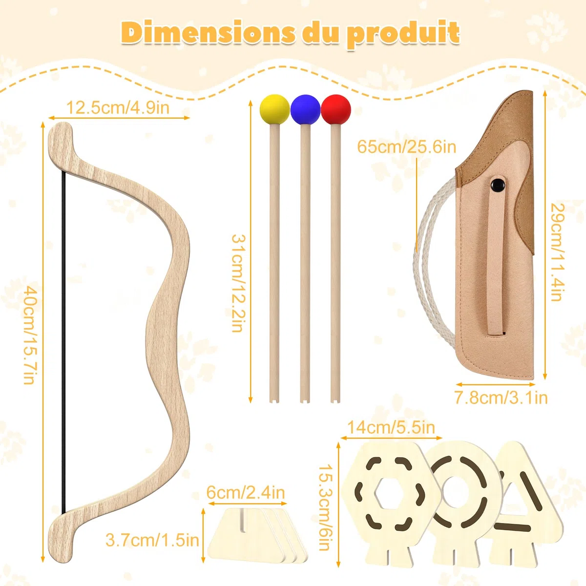 Arc et Flèches pour Enfants en Bois, 3 Flèches 3 Cibles, Carquois Jouet Intérieur Extérieur (3-8 Ans) pour Droitiers Gauchers
