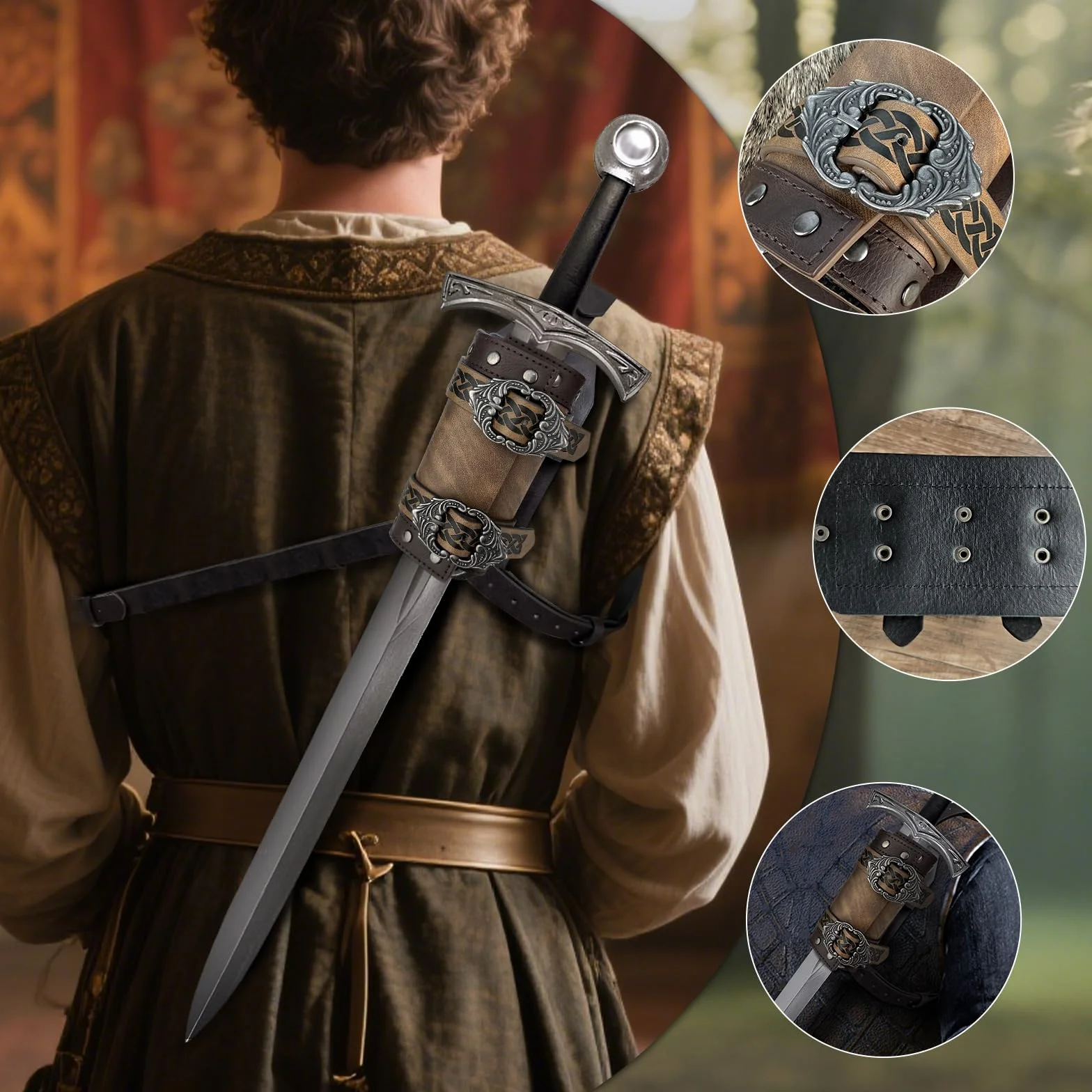 HiiFeuer Grenouille épée médiévale en faux cuir à dos, Holster d'épée réglable vintage, Étui pour fourreau d'épée de dos du Moyen-Âge