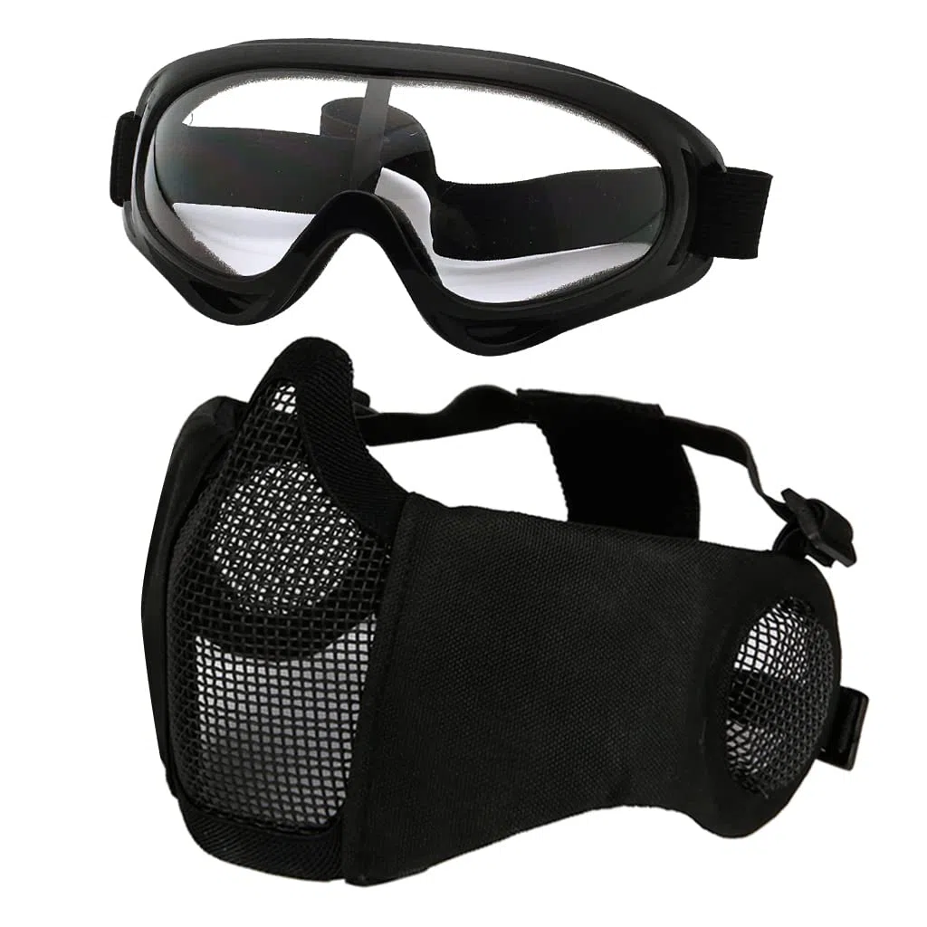 Ensemble de masque et lunettes d'airsoft, demi-masque en maille métallique avec protection auditive, lunettes anti-UV, protection des yeux pour extérieur, chasse, jeu CS