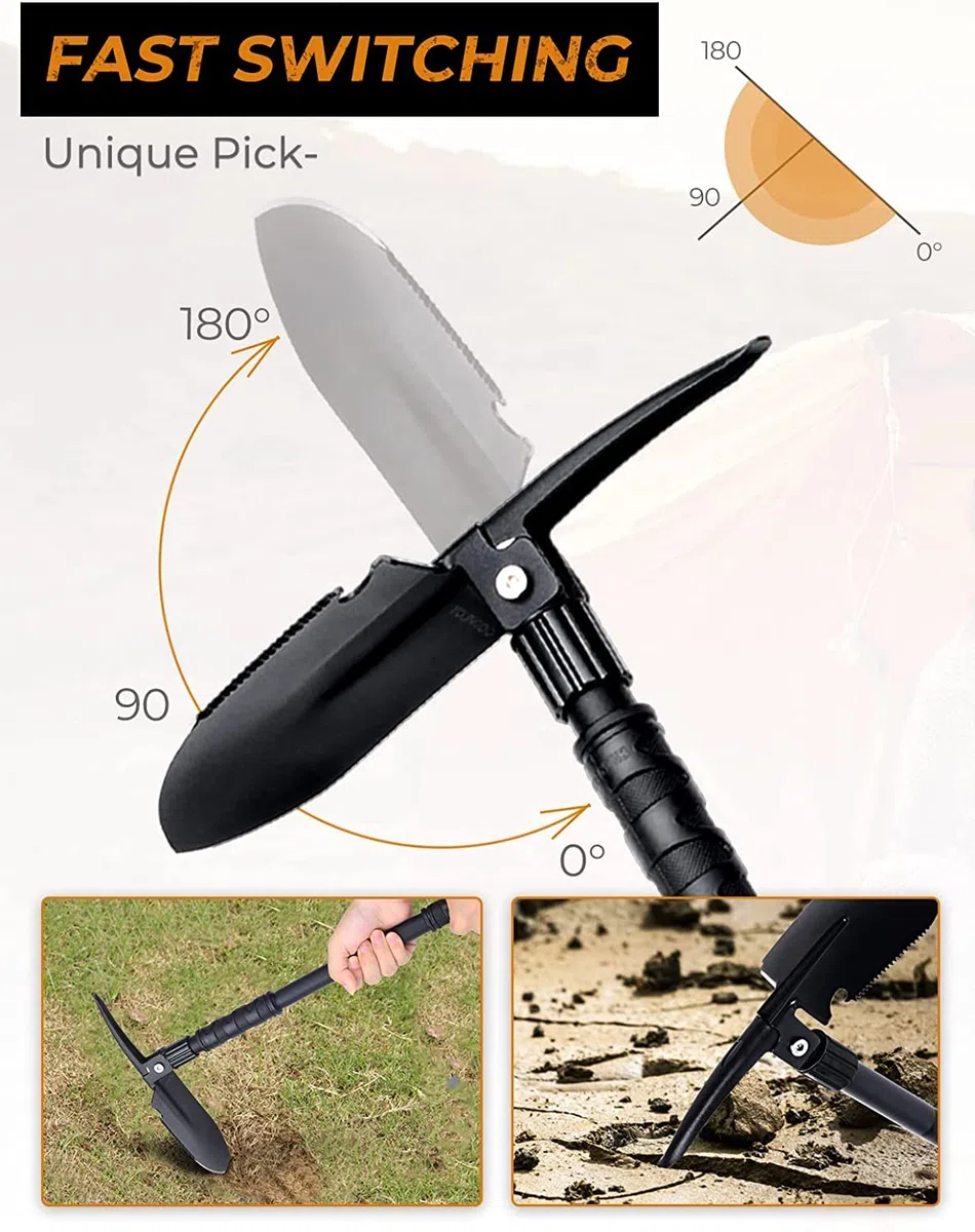 YOUNGDO Pelle Pliante 14 Fonctions, Pelle pliante Multifonctionnelle pour Couper Branches, Camping, Survie, Randonnée et Jardinage (Pelle Pliable+ 3 Poignées+Sifflet de Survie+Couteau à Poisson)