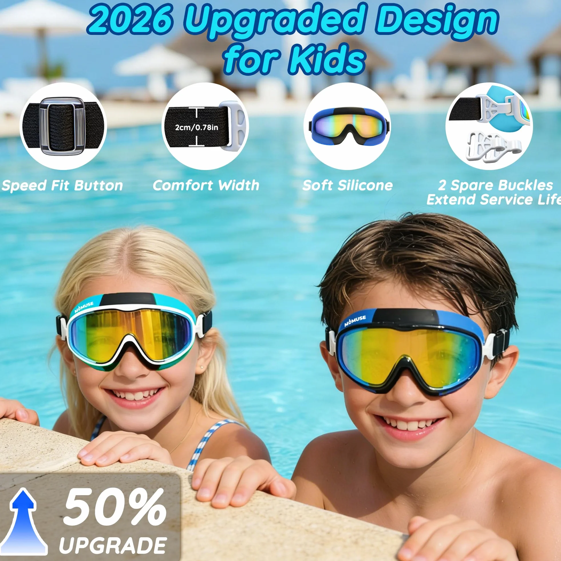 MOMUSE Lunettes Piscine pour Enfants 2PCS,Sangle en Tissu Confortable, Lunettes de Natation Enfants 3 4 5 6, Protection UV Lentilles Antibuée, Etanches, pour Garçons et Filles 3-14 Ans, Piscine Plage