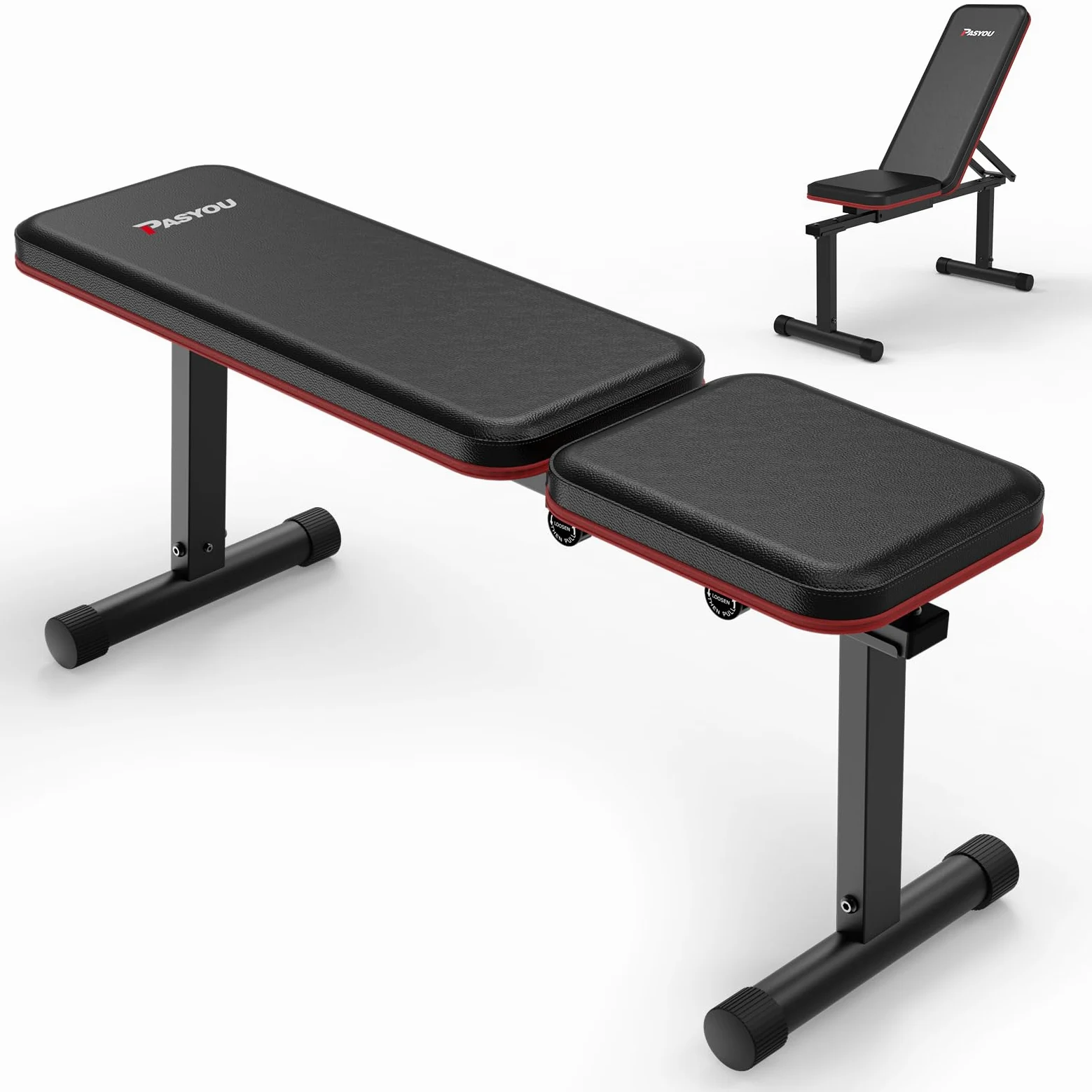 PASYOU Banc Musculation Pliable, Banc Muscu Plat et Inclinable Multi-Niveaux avec 300KG de Capacité de Charge, Réglable Banc de Musculation pour Salle de Sport à Domicile Double Cadre.
