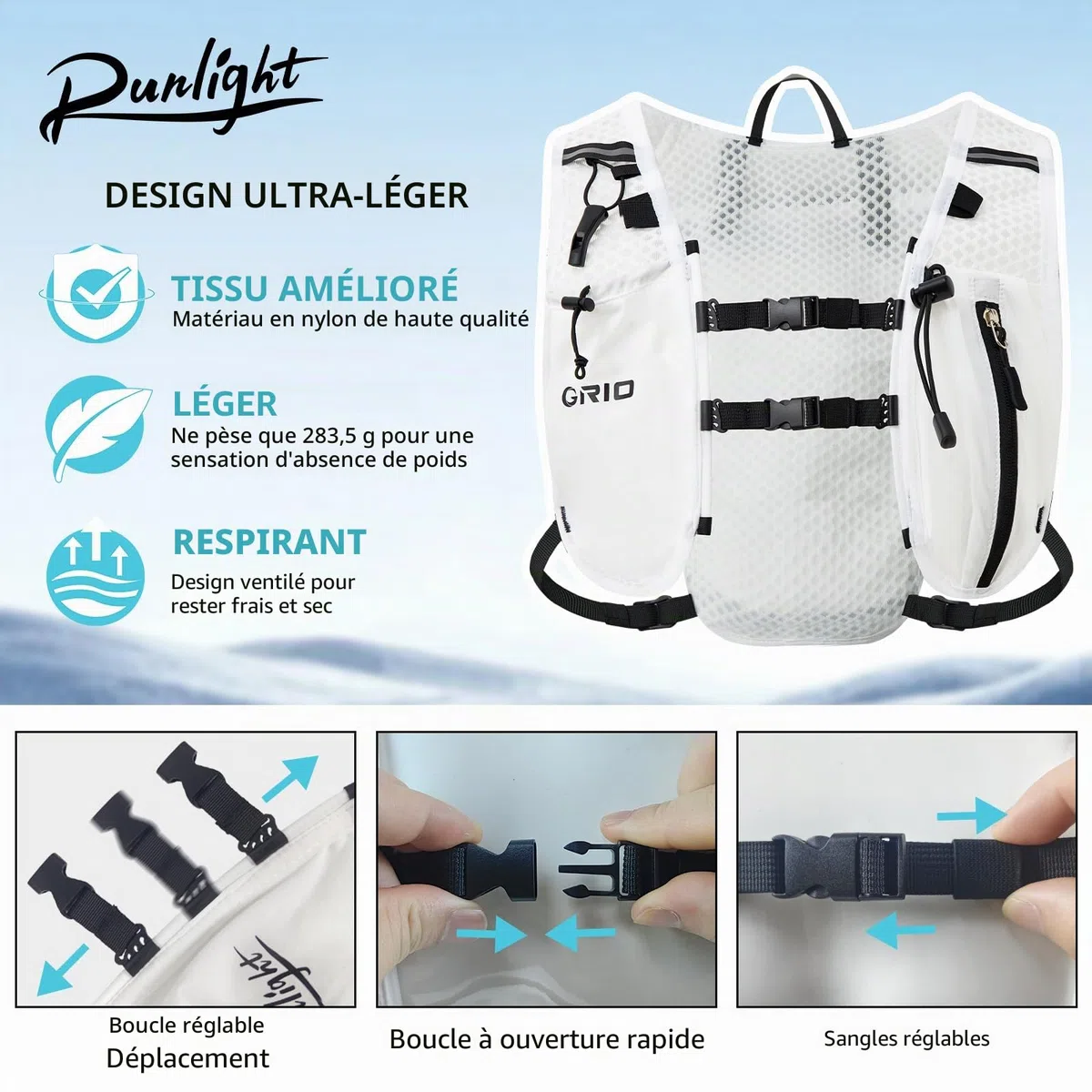 G220 Gilet de course pour homme et femme, sac à dos d'hydratation réglable, respirant et réfléchissant avec poche d'eau de 1,5 l pour randonnée, sentier, course à pied, marathon, cyclisme