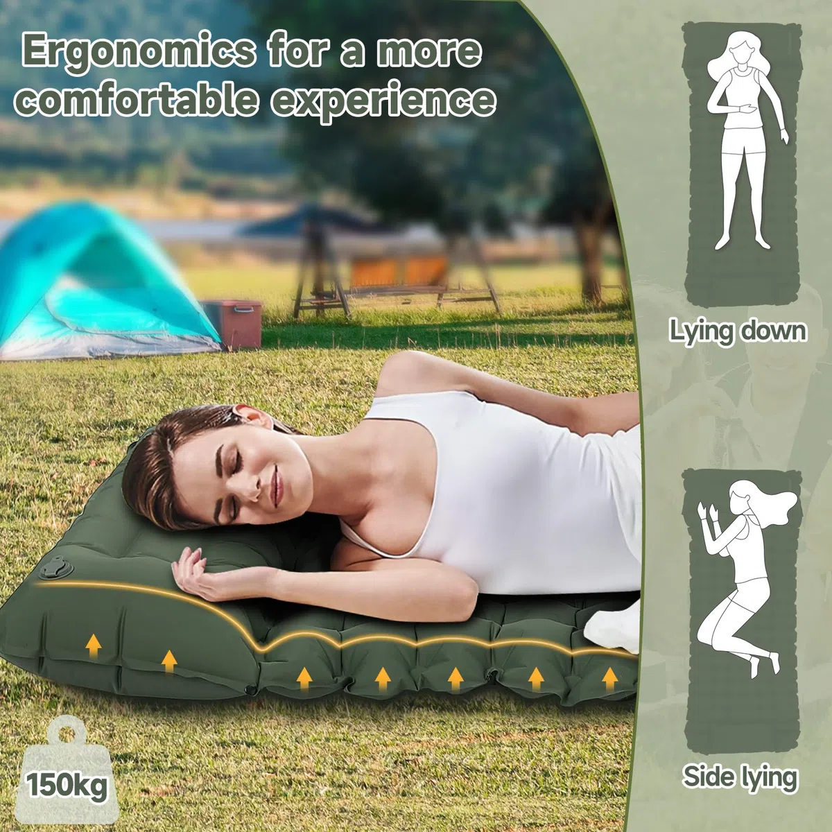 HAUSPROFI Matelas isolant de camping, 10 cm, ultra léger, avec pompe à pied et coussin, matelas gonflable compact et léger, tapis de camping pour randonnée, plage, extérieur, vert armée