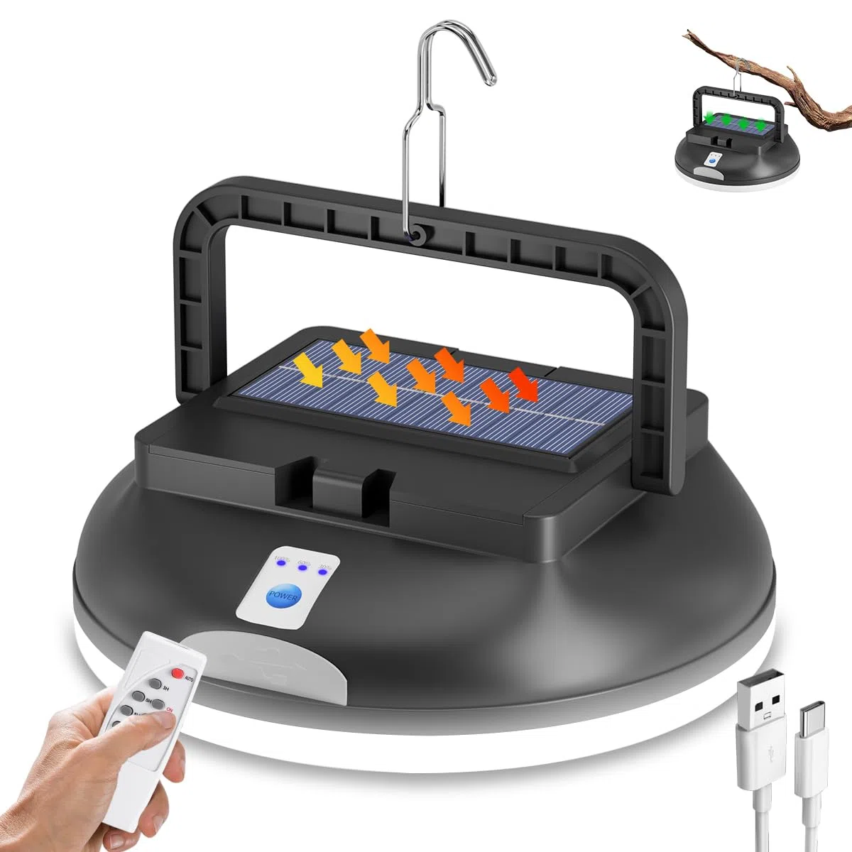 Lampe de camping LED solaire avec télécommande, lanterne de camping rechargeable par USB, ultra-lumineuse 4500 lumens, 5 modes d'éclairage pour la randonnée en plein air et le camping