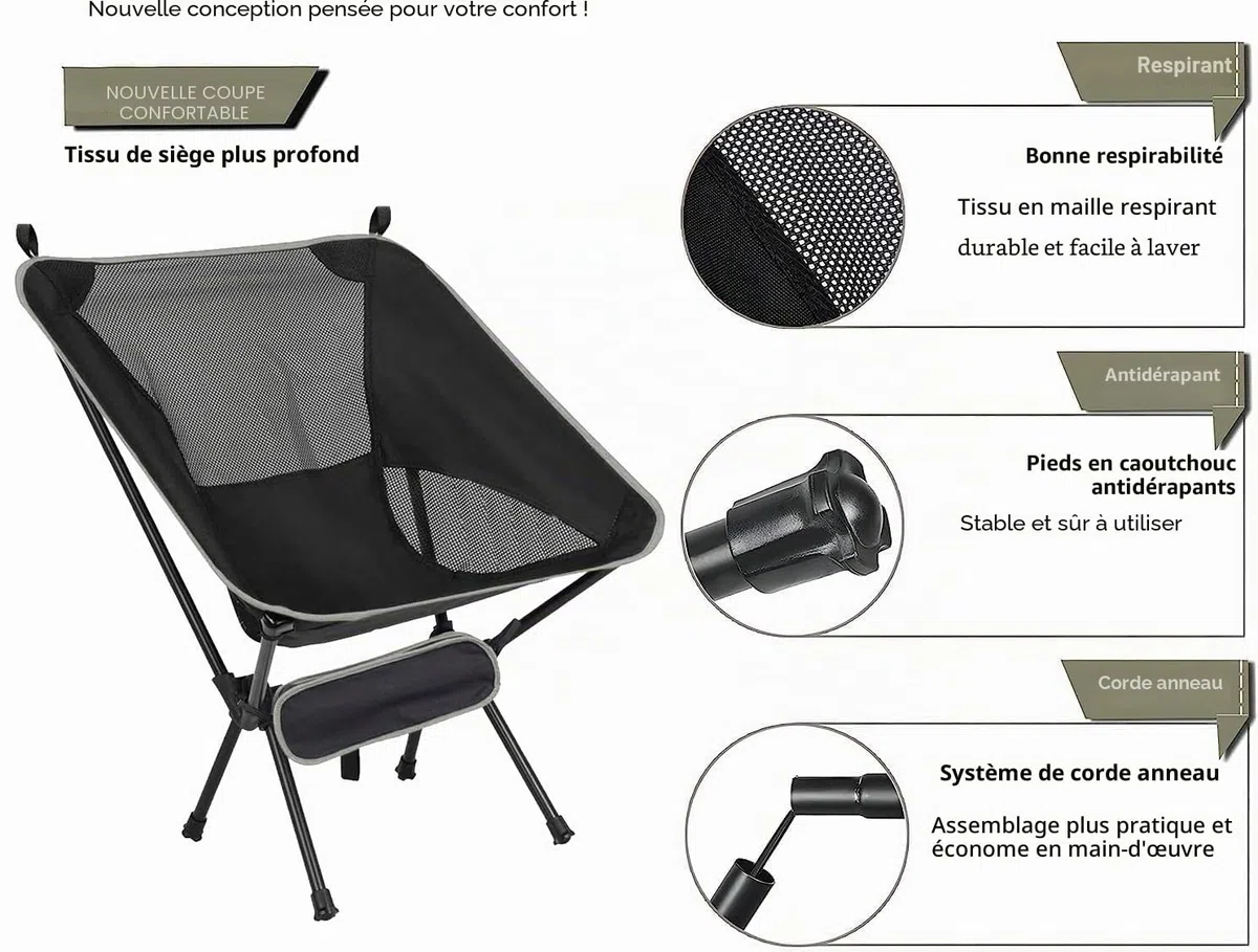 Chaise de camping, légère, portable, pliable, capacité de charge de 150 kg, tissu Oxford 600D, convient pour le jardin, les fêtes, la pêche, les expéditions, la randonnée, etc., gris