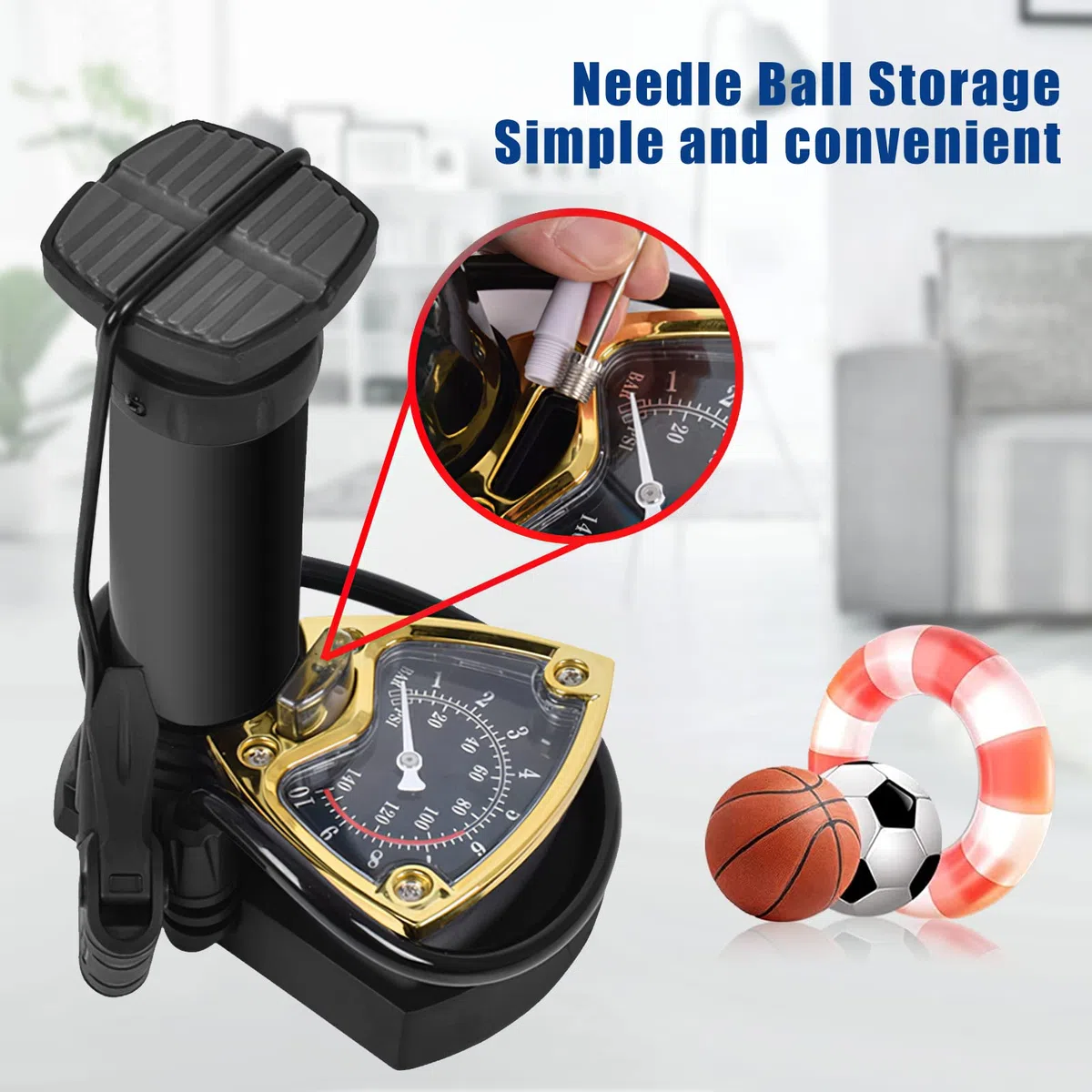 Mini Pompe à vélo, Pompe à Vélo à Pied Portable, avec Manomètre 11BAR/160PSI, pour valves AV/DV/SV, pour Vélos, Balle, Anneau de Natation (3 Aiguilles à Air)