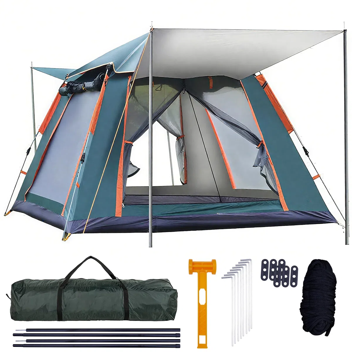 Tente QQ CAT à déploiement rapide 2 places, tente de camping instantanée dôme étanche 3000 mm avec auvent, tente automatique anti-vent pour festival pour adultes 4 saisons, vert/orange