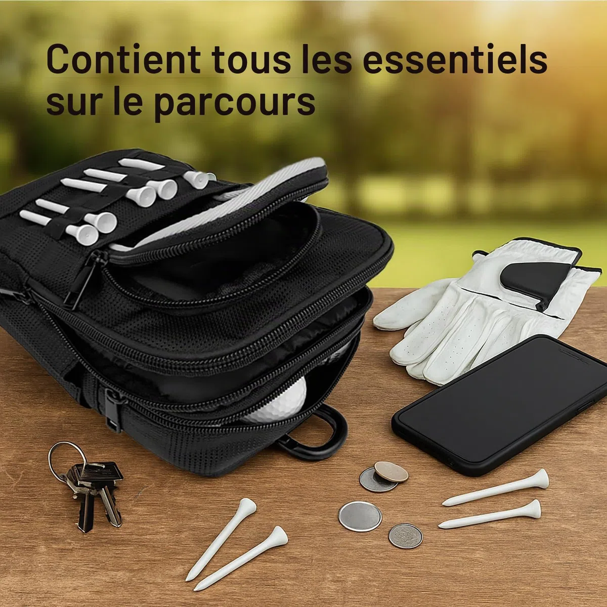 Sac tactique de golf résistant à l'eau pour ceinture, chariot ou sac à dos, compact pour accessoires de balles, tees, gants et équipement EDC Noir