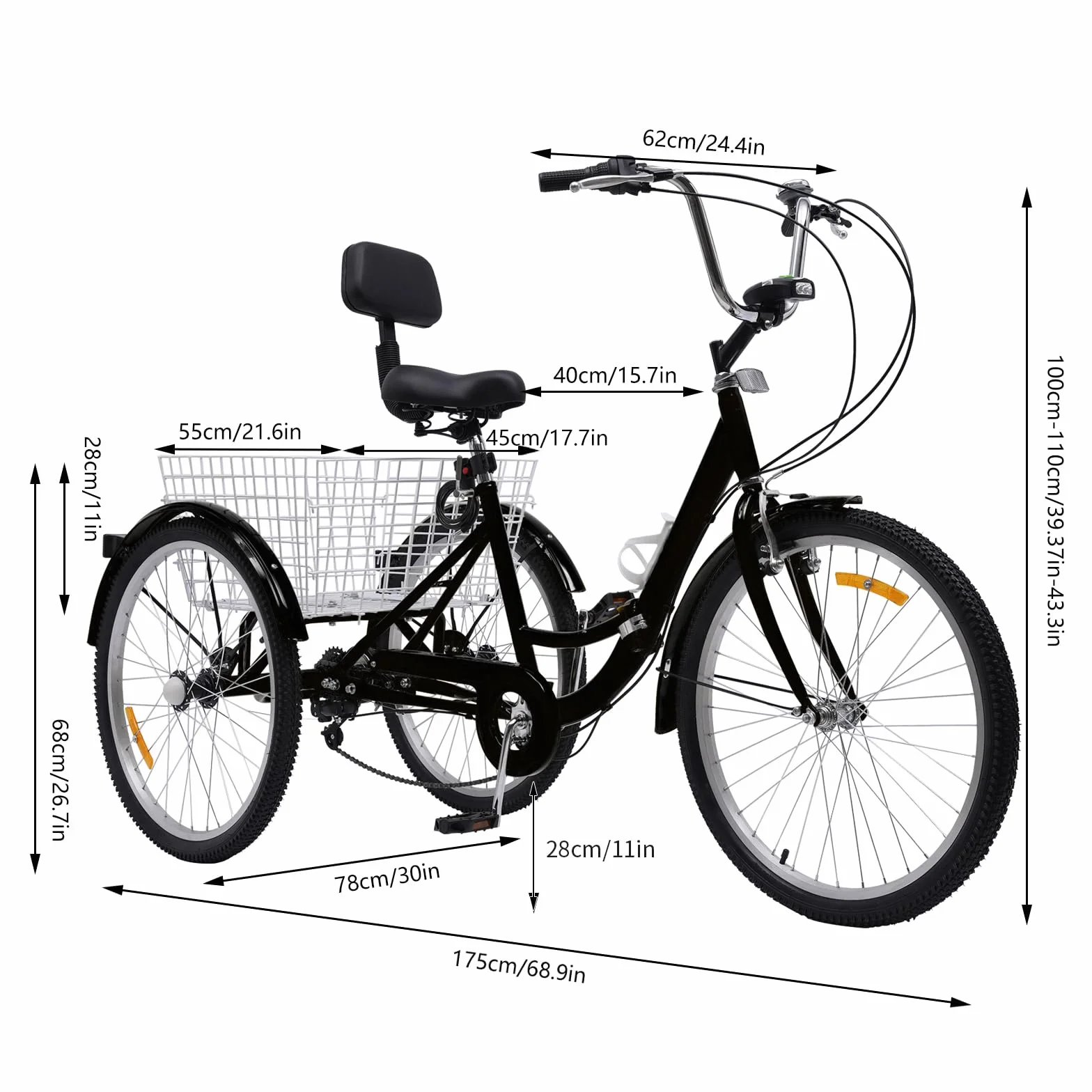 Tricycle pour adulte 24 ", pliable, 3 roues, 7 vitesses, tricycle pour adulte, tricycle pliant avec panier, lampe, dossier arrière et porte-gobelet (noir)