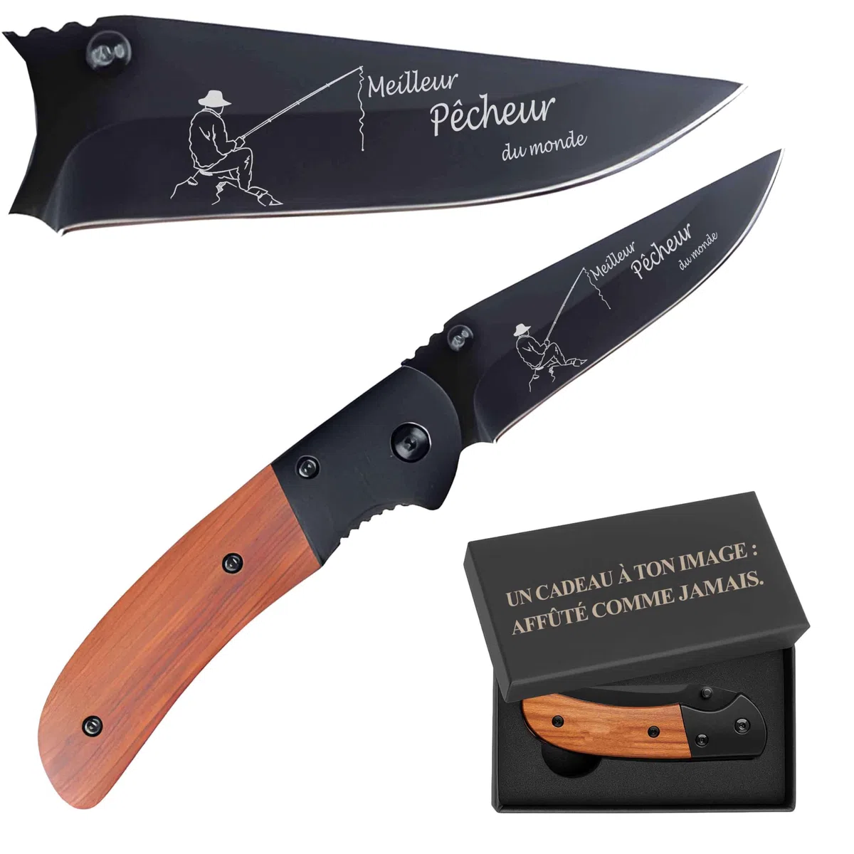 Planetee Couteau Pêche Meilleur Pêcheur du monde | Canif | Couteau pliant | Poisson Mer Marin | Boîte de rangement | Idée Cadeau Noël Papa Anniversaire