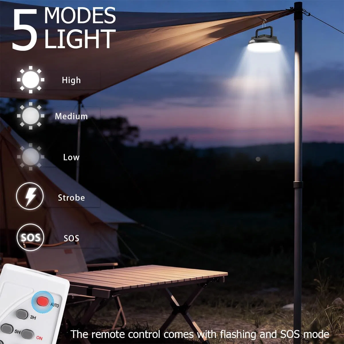Lampe de camping LED solaire avec télécommande, lanterne de camping rechargeable par USB, ultra-lumineuse 4500 lumens, 5 modes d'éclairage pour la randonnée en plein air et le camping