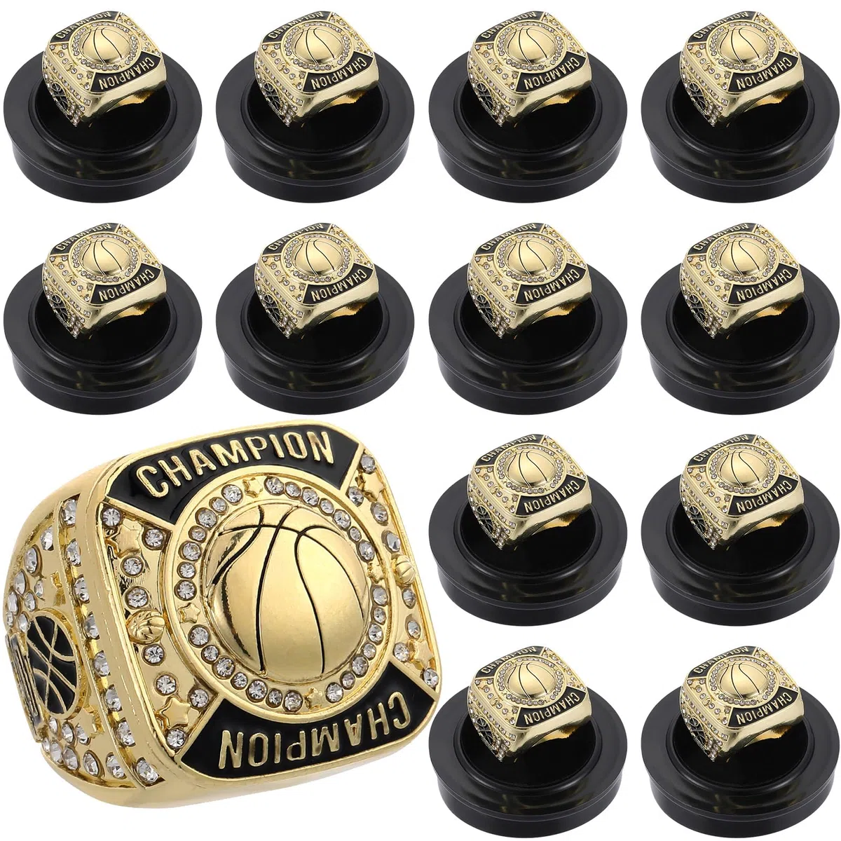 Remuuly Lot de 12 anneaux de champion de basket-ball, trophée de champion de basket-ball, prix avec chaîne de cou et support pour tournoi de basket-ball ou gagnant champion
