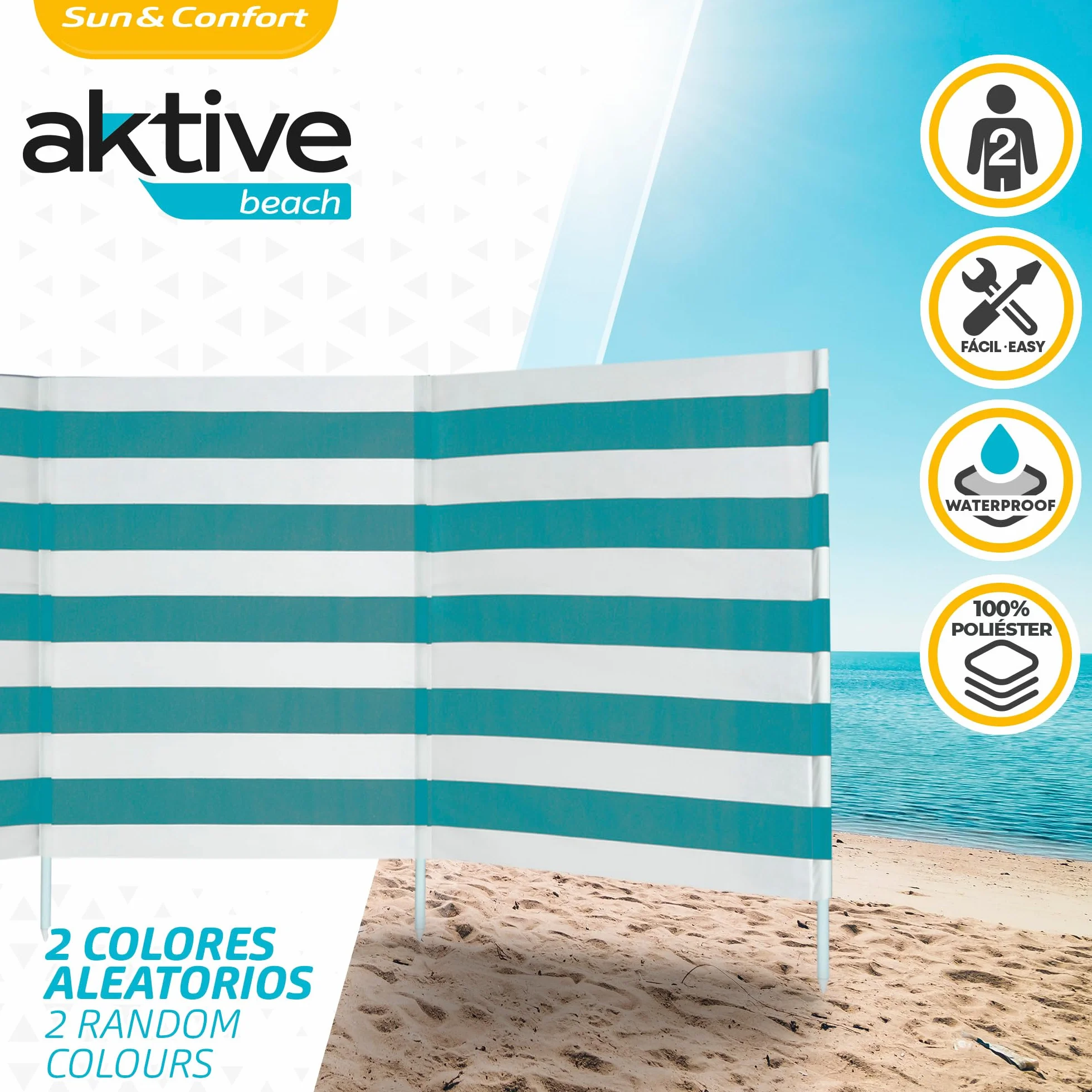 AKTIVE Beach - Paravent Plage en Polyester avec Tiges en Acier, Paravent Extérieur 2 Places, Polyester, avec Sac de Transport, 480 X 84 cm, Bleu Lisse ou Blanc avec Rayures Vert Eau