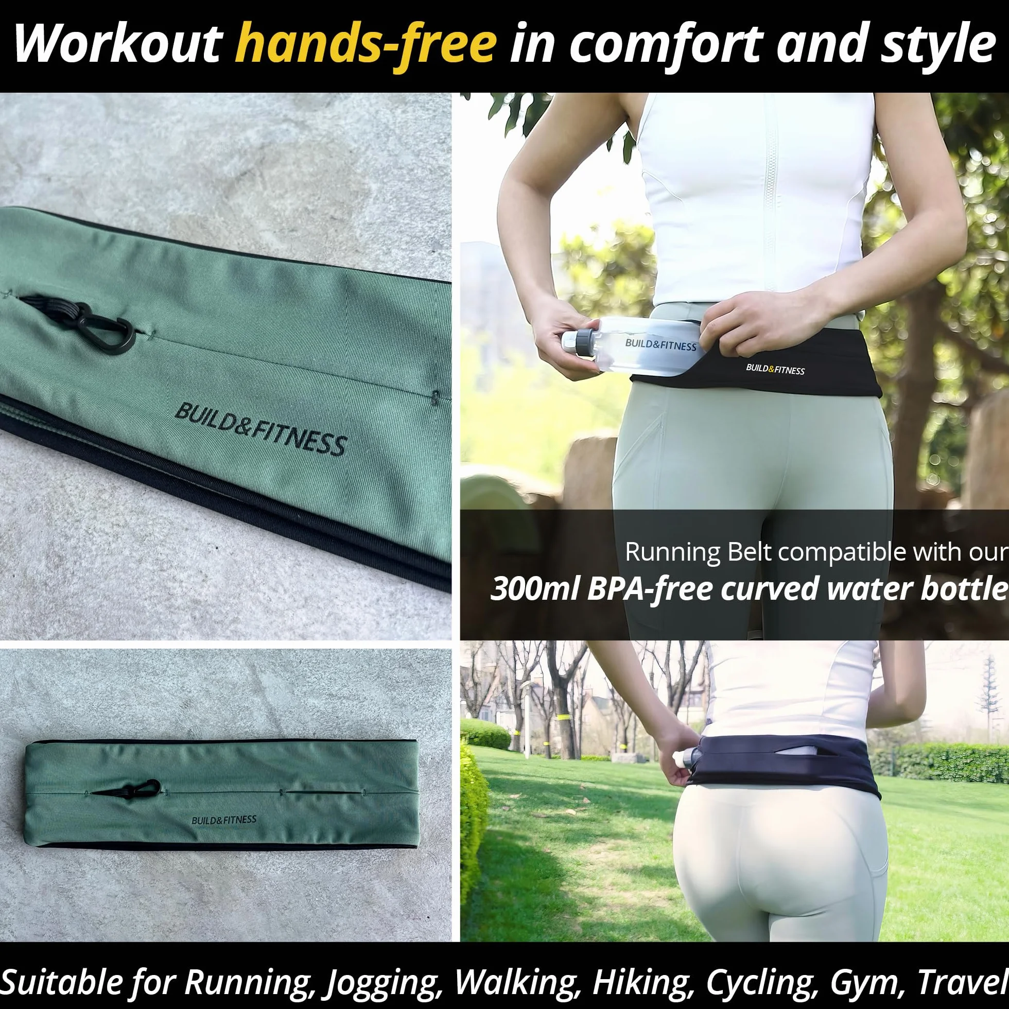 Ceinture de Course Build & Fitness, Poche à la Taille, Porte-clés intégré, Support pour téléphone. pour Hommes et Femmes. Légère, Fine et Confortable ; Compatible avec Tous Les Samsung et iPhones