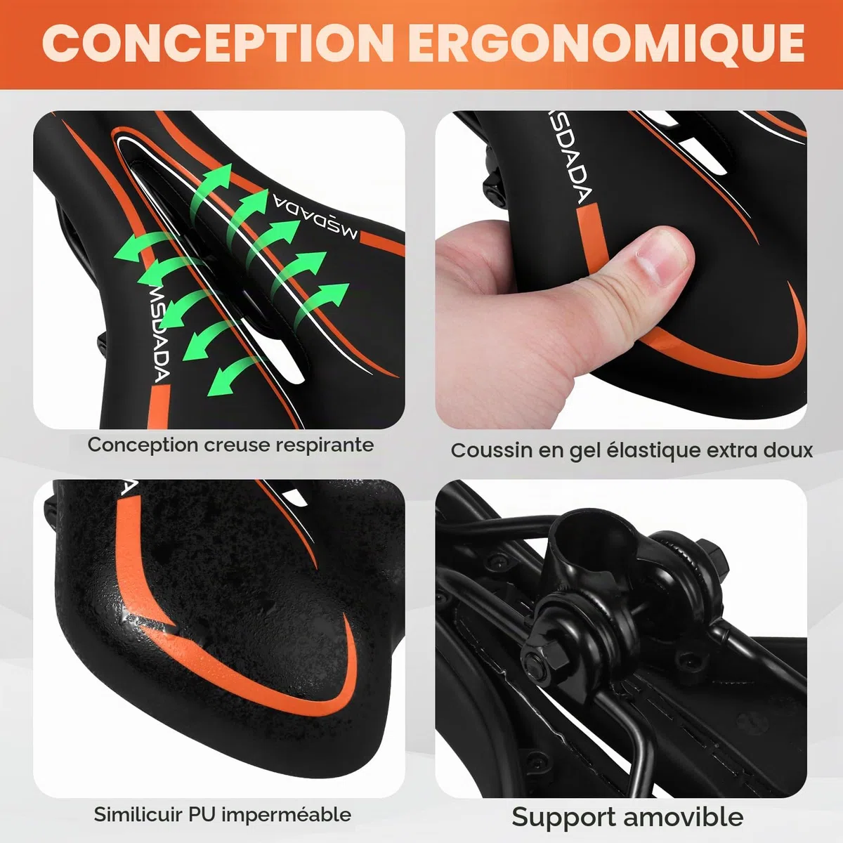 MSDADA Selle de Vélo, Selle Gel Ultra Confortable Ergonomique Imperméable Respirante Absorbant Les Chocs Creux Siège de Vélo pour Vélo VTT Vélo Route Vélo Ville Homme et Femme