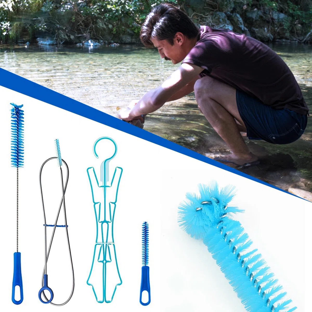 Ensemble de brosses de nettoyage 4 en 1 pour poche d'hydratation, kit de nettoyage de la poche à eau, comprend une longue brosse flexible, une petite brosse et une grande brosse pliable pour