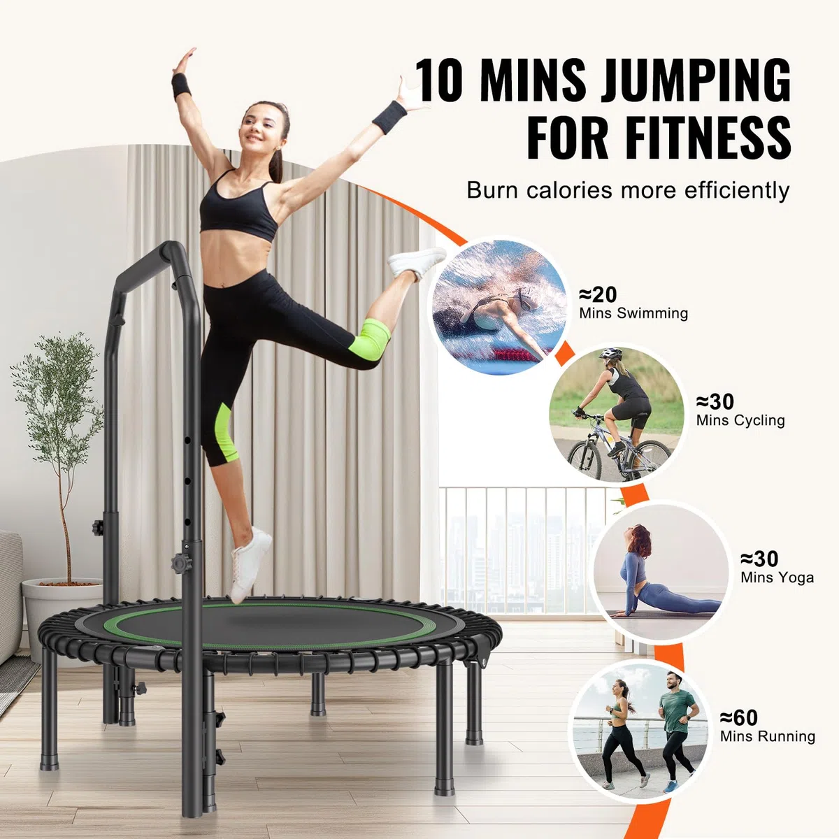 VEVOR Mini Trampoline Pliable, 1027 mm, Fitness rebounder, Charge Max. 150 kg, Stable et Silencieux avec poignée en Mousse réglable en Hauteur à 4 Niveaux, pour entraînement intérieur/Jardin Adultes