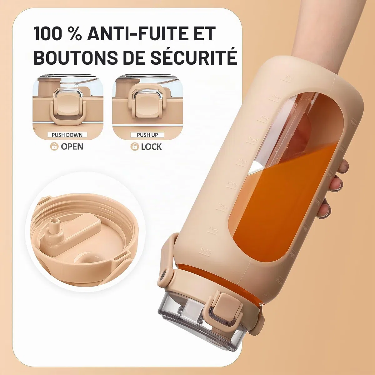 BLUEGO 2L Gourd en verre Avec paille Marqueur de temps Bouteille d'eau Motivation avec manchon en silicone 2 litres Grande carafe d'eau en Verre pour Gym, sports et entraînement, Ambre