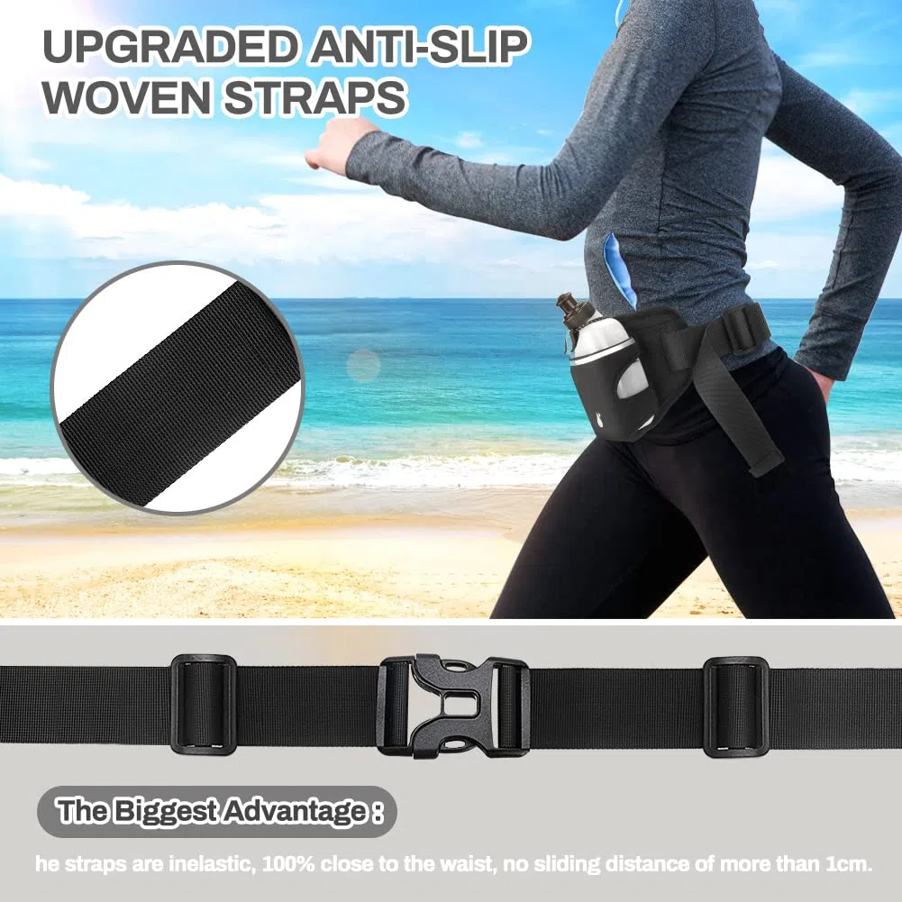 Ceinture de Course Running Belt Sac Banane de Sport Ceinture d'hydratation avec 2 gourdes Sac de Taille réfléchissant pour Smartphones, clés pour Marathon, l'entraînement, la randonnée (Noir)
