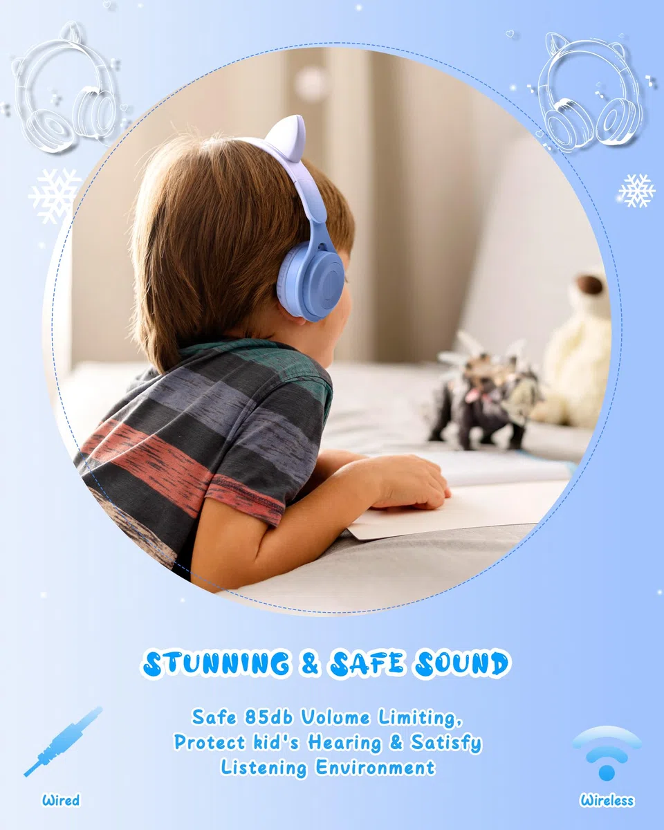 Joso Casque 2 en 1 pour enfants, casque filaire/sans fil avec microphone pour filles et garçons, casque pliable avec oreilles de chat avec volume limité pour enfants à partir de 5 ans (bleu)