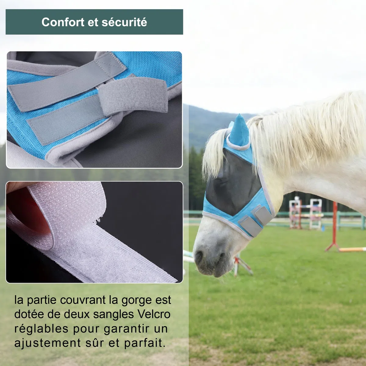 Masque Anti-Mouches pour Chevaux, avec Protection pour Les Oreilles, Protection Anti-UV, Maille Respirante, Large Espace pour Les Yeux, Trou pour Le Toupet, sans Frottement, Bleu Lac Large