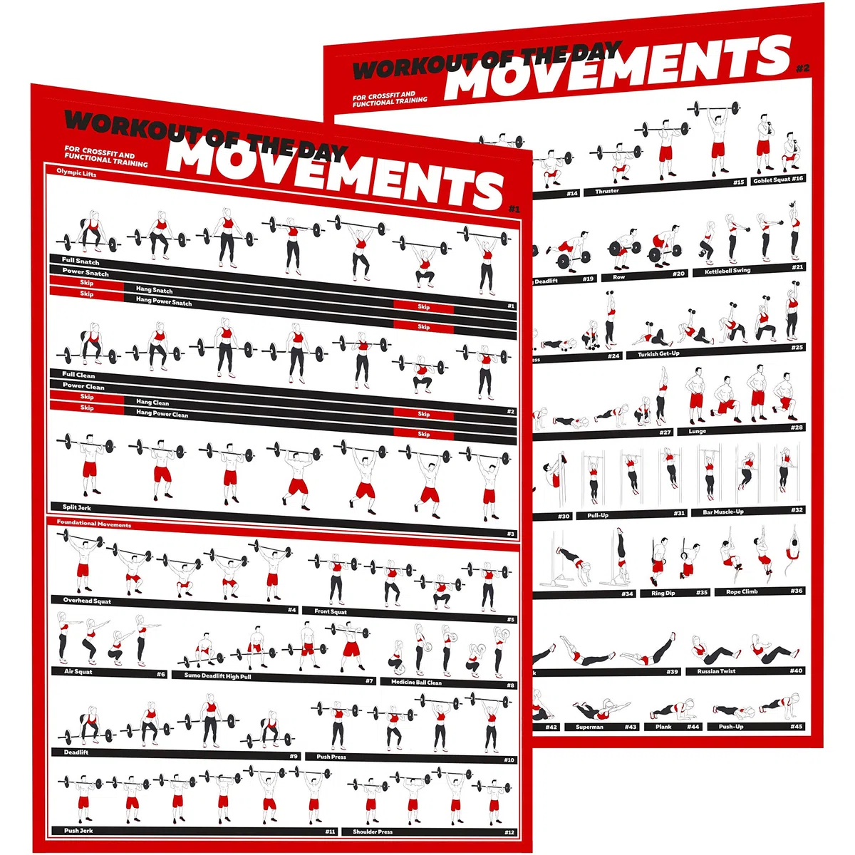 Profit Crossfit Ensemble d'affiches d'exercices – Guide avec 45 mouvements principaux WOD pour un entraînement complet du corps