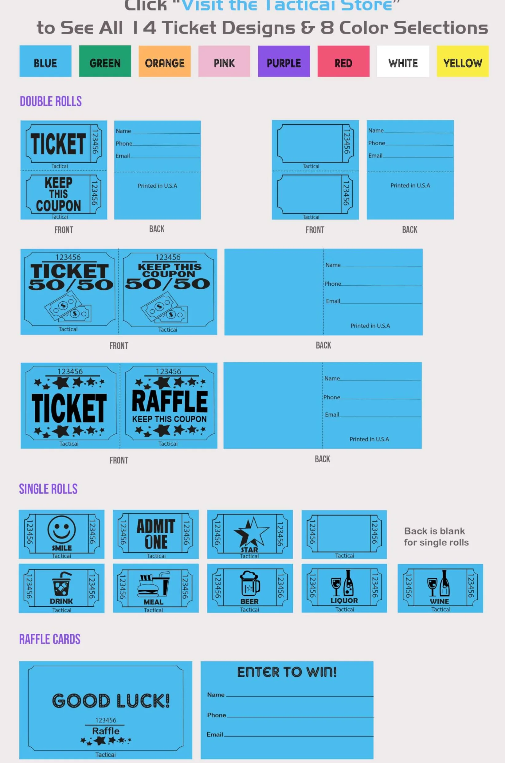 Tacticai Lot de 1000 tickets de tombola Rose (1 des 8 couleurs), double rouleau, tickets pour événements, entrée, récompense de classe, collecte de fonds et prix