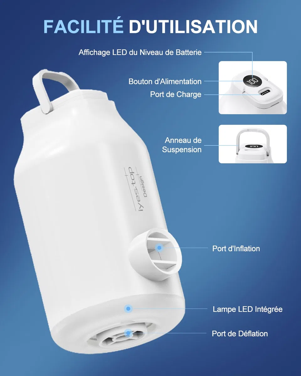 Pompe à Air Gonfleur Électrique avec Batterie pour Matelas Lits Gonflable, Sacs de Rangement sous Vide, 5 Buses & Lampe de Camping, Gonflage et Dégonflage Rapides, Portatif pour Bouée Piscine