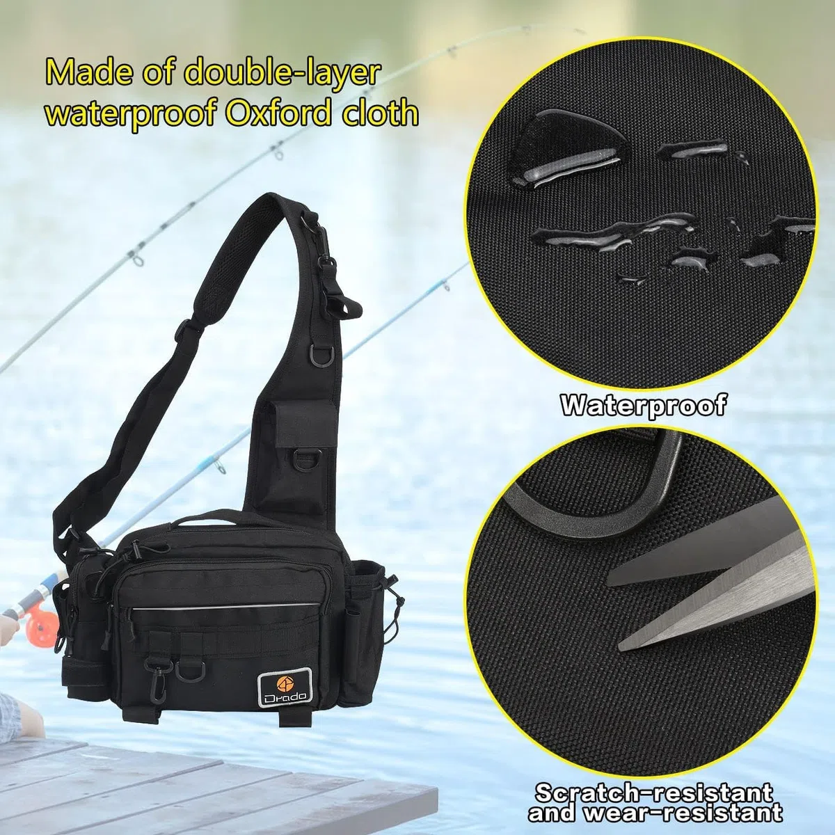 drado Sac de pêche à bandoulière, Sac à Dos Tactique, Sac à Dos de pêche imperméable et résistant à l'usure pour Accessoires de pêche(Noir)