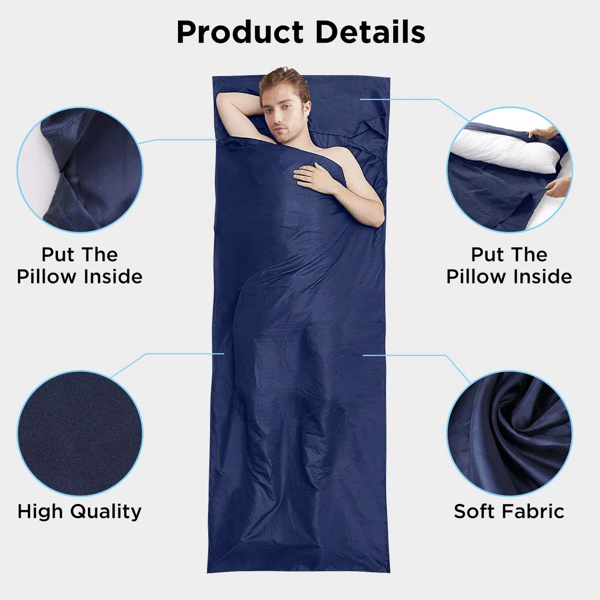 Drap de Sac de Couchage Léger Compact 220 cm x 90 cm en 100% Polyester Microfibre + Compartiment pour Oreiller + Sac Transport pour Maison Voyage Hôtel Camping Randonnée Trekking Femme Homme Enfants