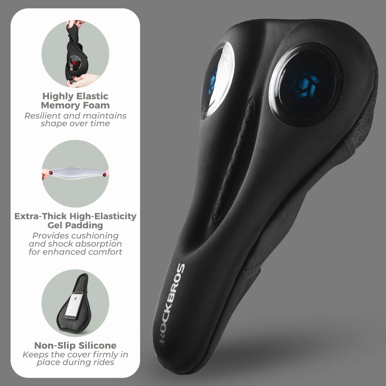 ROCKBROS Couvre Selle VTT Housse Coussin Selle de Vélo en Gel Couvre de Siège Silicone pour Vélo de Route Electrique VTT avec Housse de Pluie Anti Poussière Homme Femme Noir Rouge Bleu