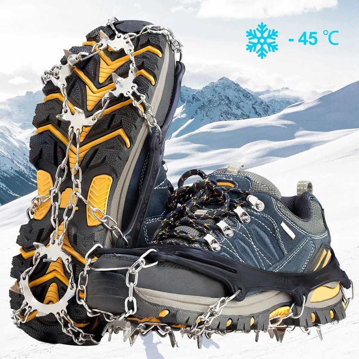 Crampons Neige Antidérapants pour Glace, Grips de Traction avec 19 Pointes en Acier Inoxydable pour Chaussures et Bottes, Hommes et Femmes, Sécurisés pour Randonnée, Pêche, Marche et Alpinisme