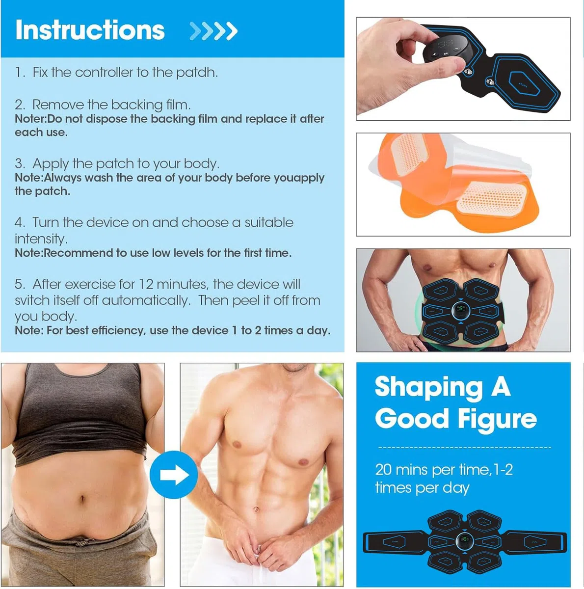 AILEDA Electrostimulateur Musculaire, Ceinture Abdominale Electrostimulation,6 Modes et 19 Intensités, Ceinture Musculation Electrostimulation pour Abdos/Bras/Jambes/Fesses,Homme Femme