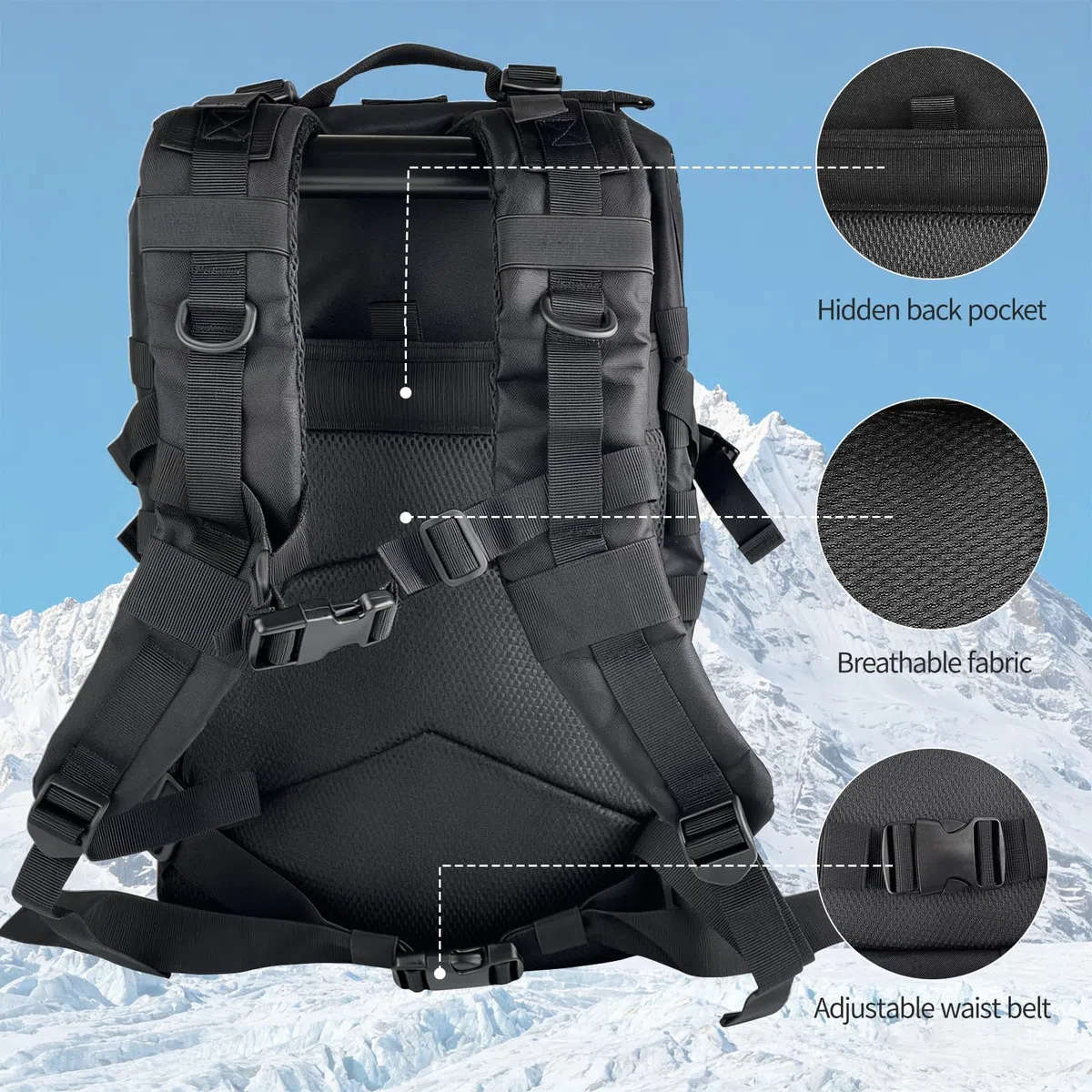 Sac à Dos Militaire de Grand Volume, 45L, Molle Etanche Grand Pack d'assaut, Sac Tactique Homme et Femme, Sac à Dos Résistant, pour Trekking, Randonnée, Pêche, Alpinisme, Noir