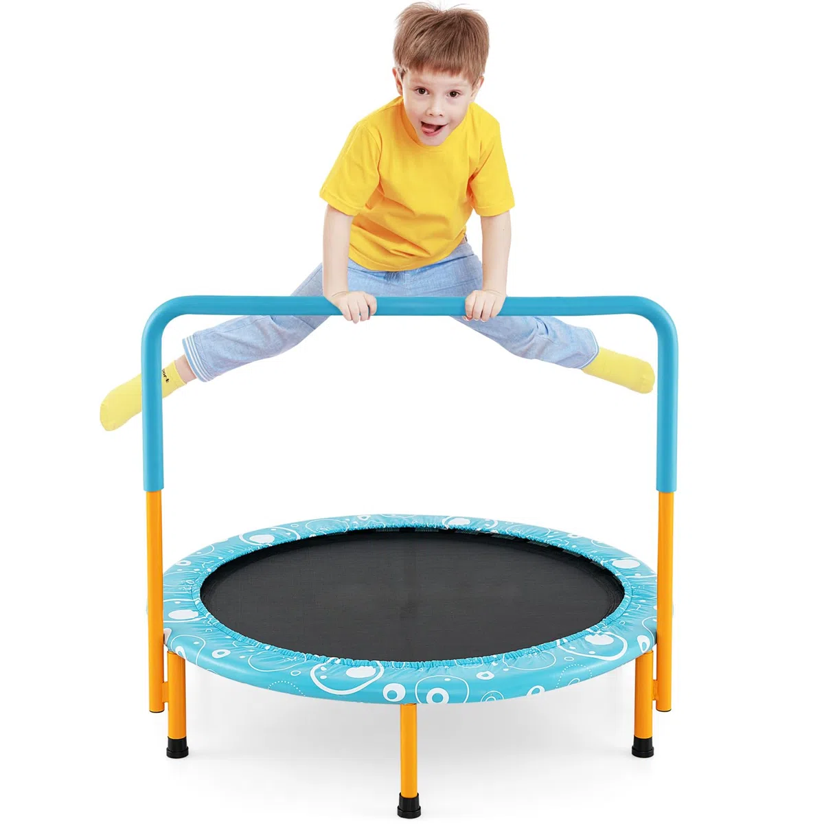 COSTWAY Mini Trampoline Enfants Pliable 92 cm avec Housse de Sécurité Matelassée et Poignée Recouverte pour Intérieur Charge maximale 150 KG