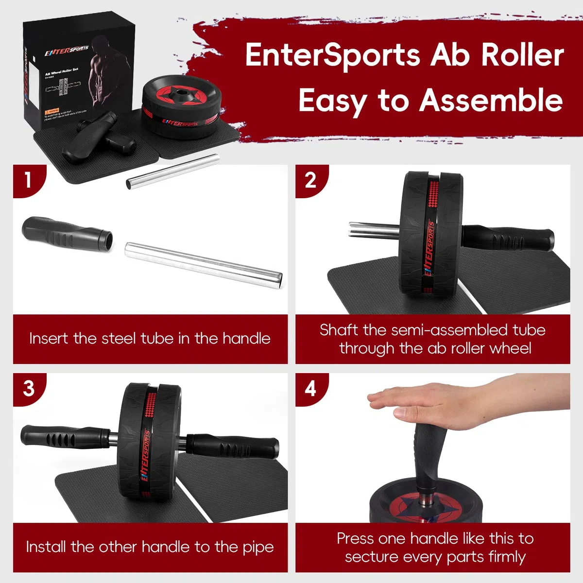EnterSports Roue abdominale 6 en 1 avec bande de fitness, pompes, tapis pour genoux, appareils de fitness pour abdominaux - Idéal pour les hommes et les femmes à la maison